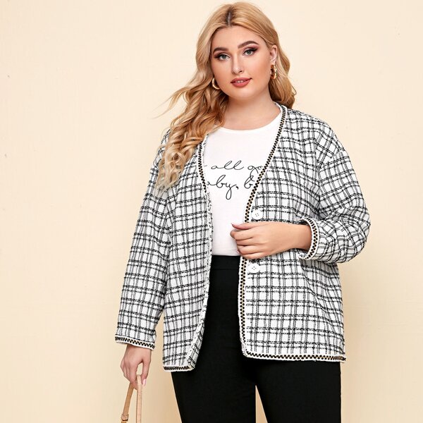 

Plus Tape Trim Tweed Coat, Black and white