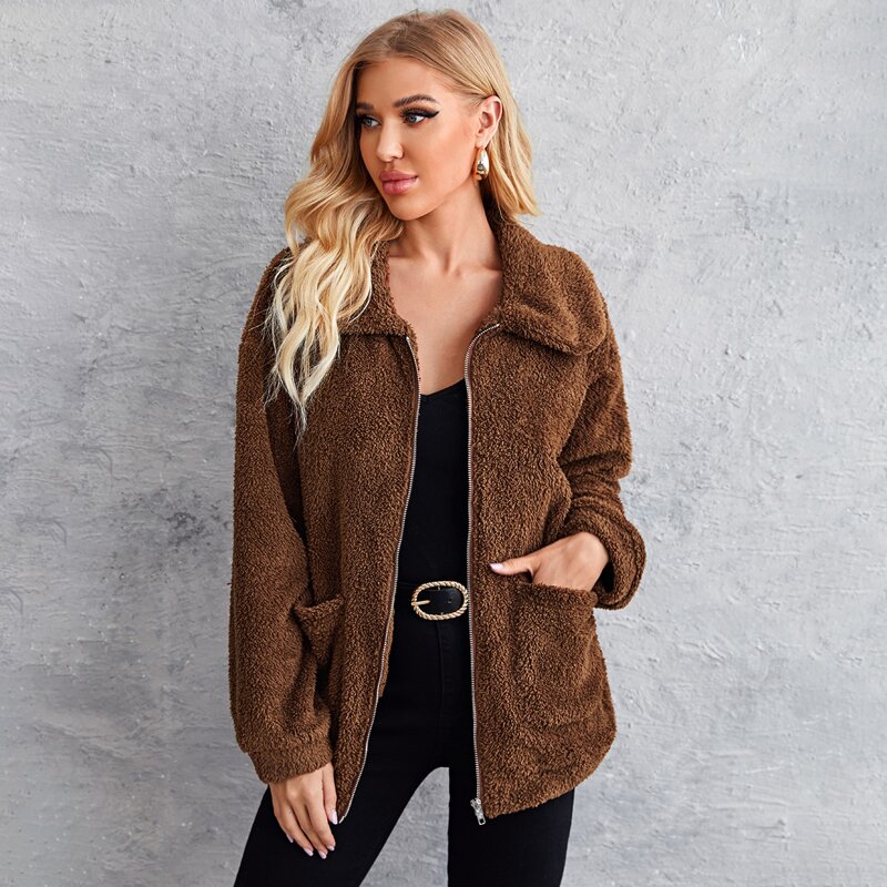 

Drop Shoulder Patch Pocket Zipper Up Teddy Jacket, Coffee brown