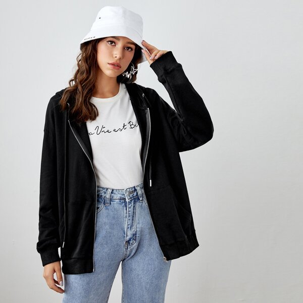 

Drop Shoulder Zipper Fly Hoodie, Black