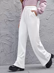 SHEIN EZwear Solid Drawstring Waist Trousers - White - View 1