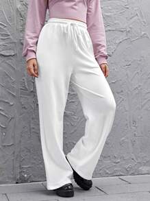 SHEIN EZwear Solid Drawstring Waist Trousers - White - View 3