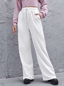 SHEIN EZwear Solid Drawstring Waist Trousers - White - View 4