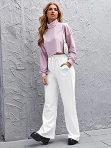 SHEIN EZwear Solid Drawstring Waist Trousers - White - View 5