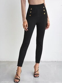 SHEIN Privé Double Button Solid Skinny Pants