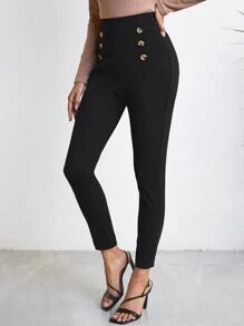 SHEIN Privé Double Button Solid Skinny Pants