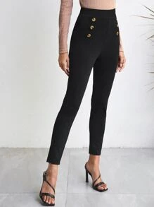 SHEIN Privé Double Button Solid Skinny Pants