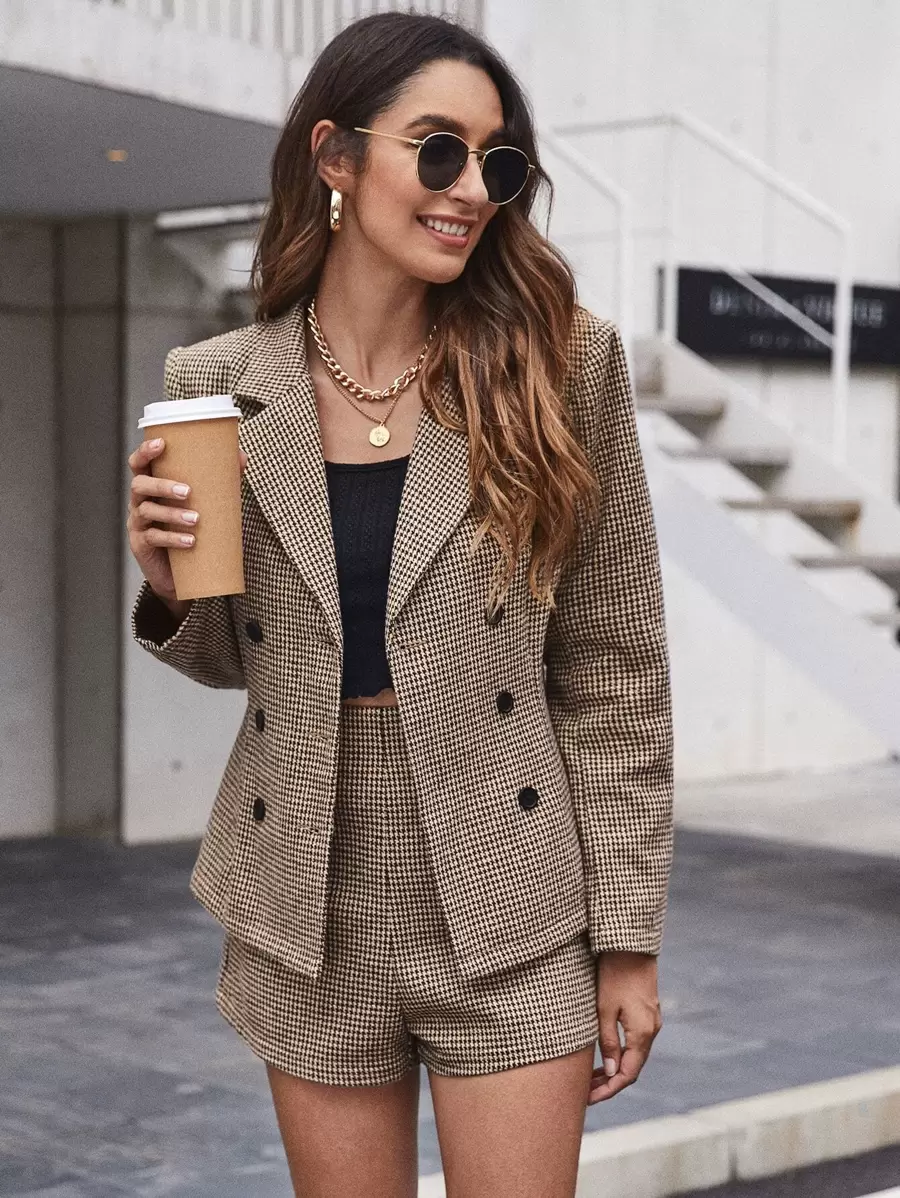SHEIN Privé Double Button Houndstooth Blazer & Shorts Set - Brown - View 1