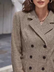 SHEIN Privé Double Button Houndstooth Blazer & Shorts Set - Brown - View 6