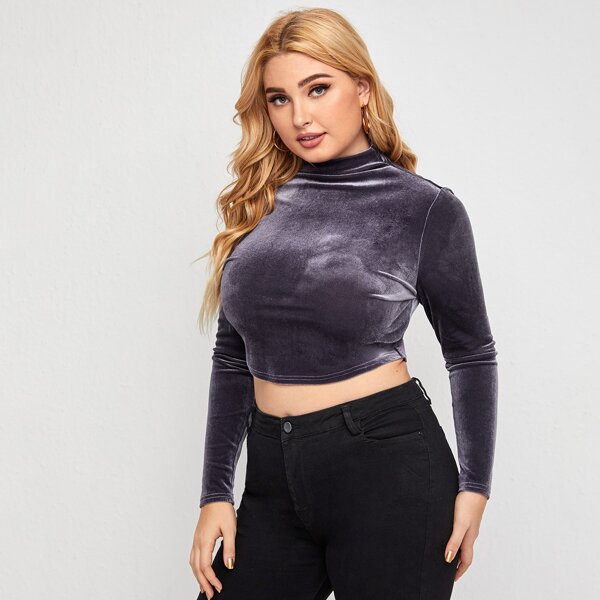 

Plus Mock Neck Velvet Crop Tee, Purple