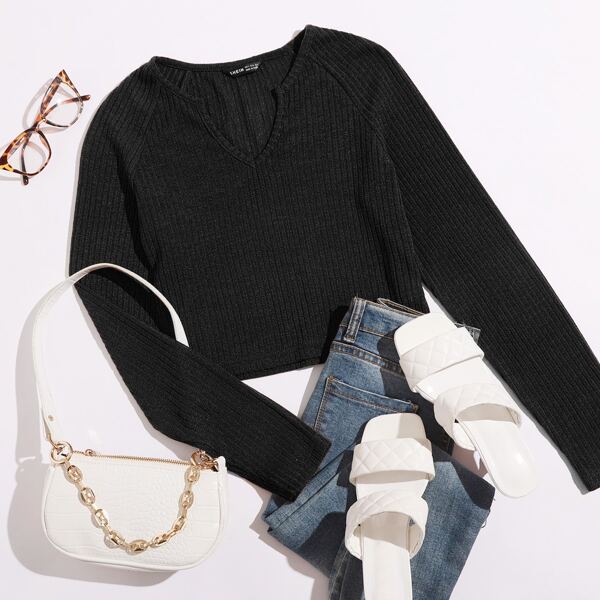 

Notch Neck Rib-knit Crop Tee, Black