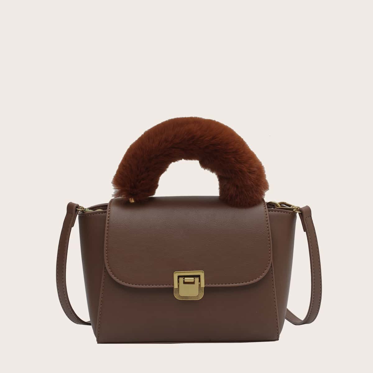 

Faux Fur Handle Satchel Bag, Coffee brown