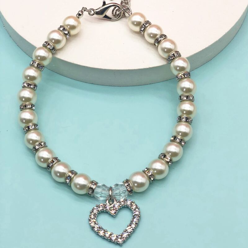 

1pc Rhinestone Heart Charm Dog Pearl Collar, White