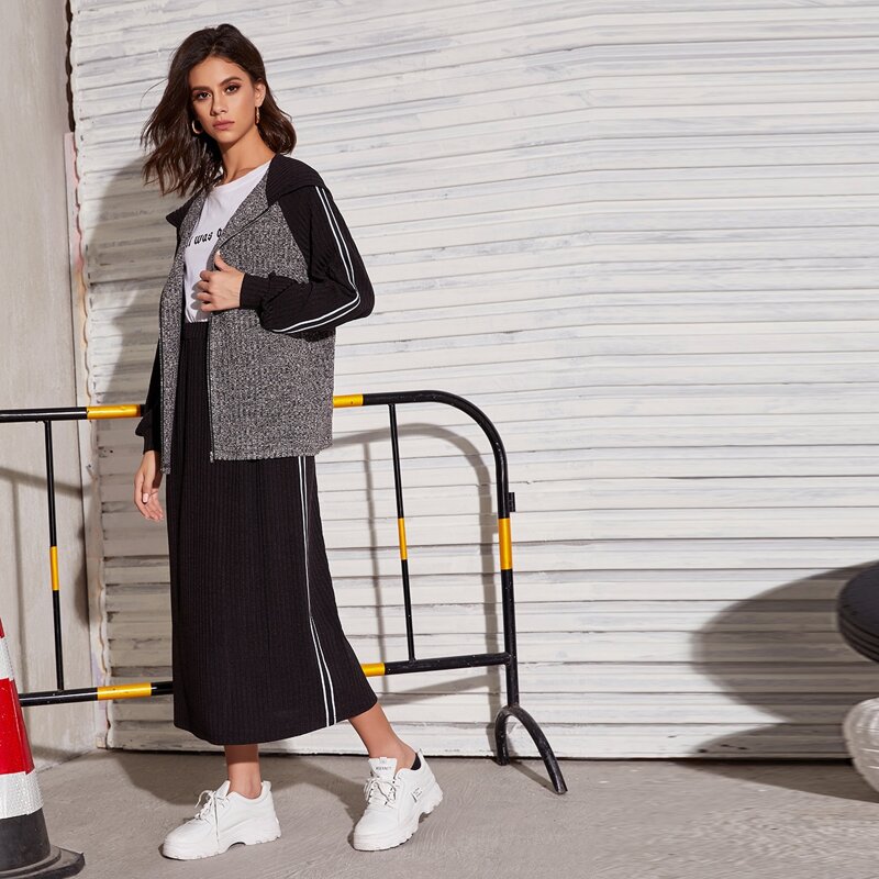 

Side Stripe Zip Up Rib-knit Hoodie & Skirt Set, Multicolor