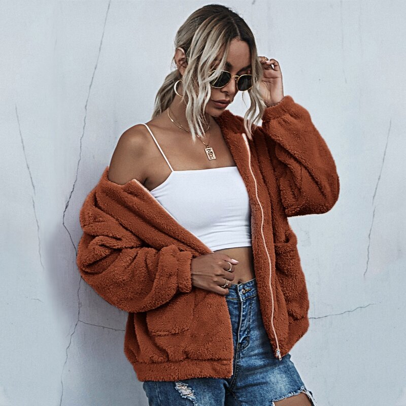 

Zipper Up Dual Pocket Oversized Shearling Jacket, Brown