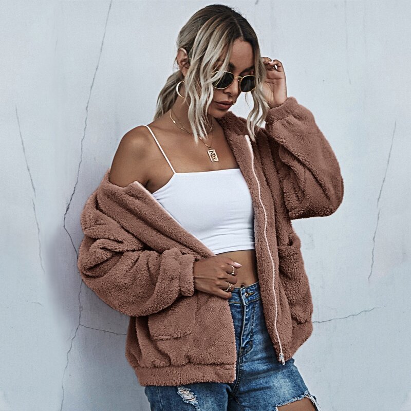 

Zipper Up Dual Pocket Shearling Jacket, Mocha brown
