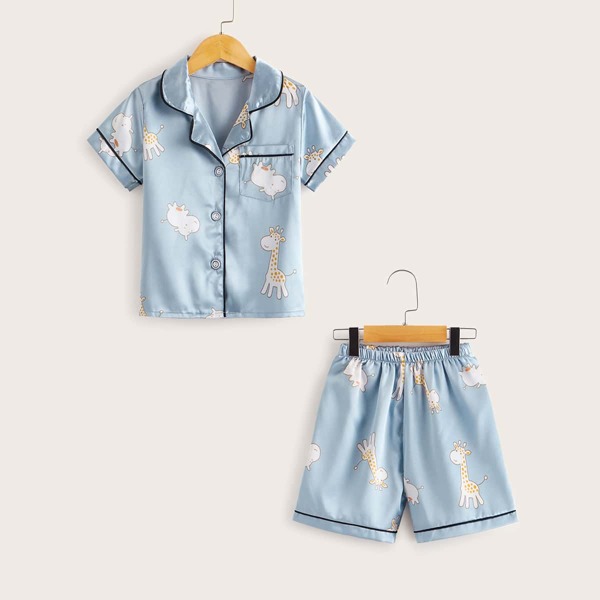 

Toddler Boys Cartoon Giraffe Print Satin PJ Set, Baby blue
