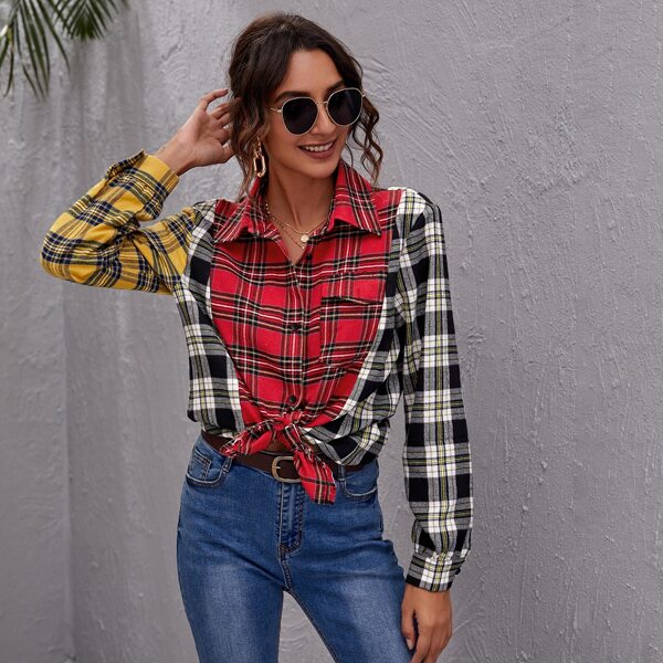 

Flap Pocket Tartan Colorblock Blouse, Multicolor