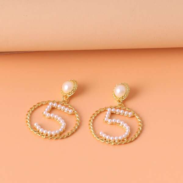 

Faux Pearl Number Decor Drop Earrings, Gold