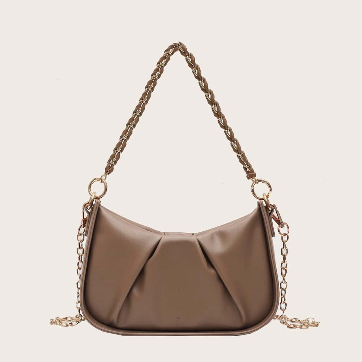 

Ruched Chain Baguette Bag, Brown