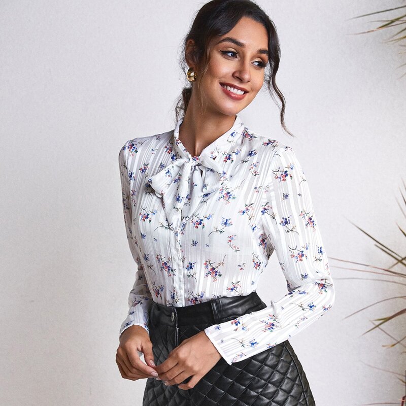 

Tie Neck Ditsy Floral Sheer Top Without Bra, White