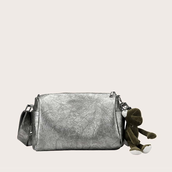 

Metallic Crossbody Bag With Bag Charm, Silver