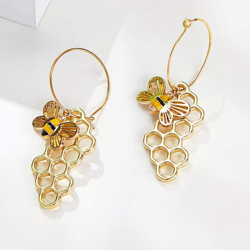 Bee Charm Drop Earrings, Gold