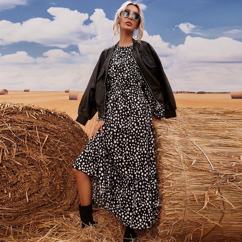 

Dalmatian Print Flounce Hem Dress, Black and white