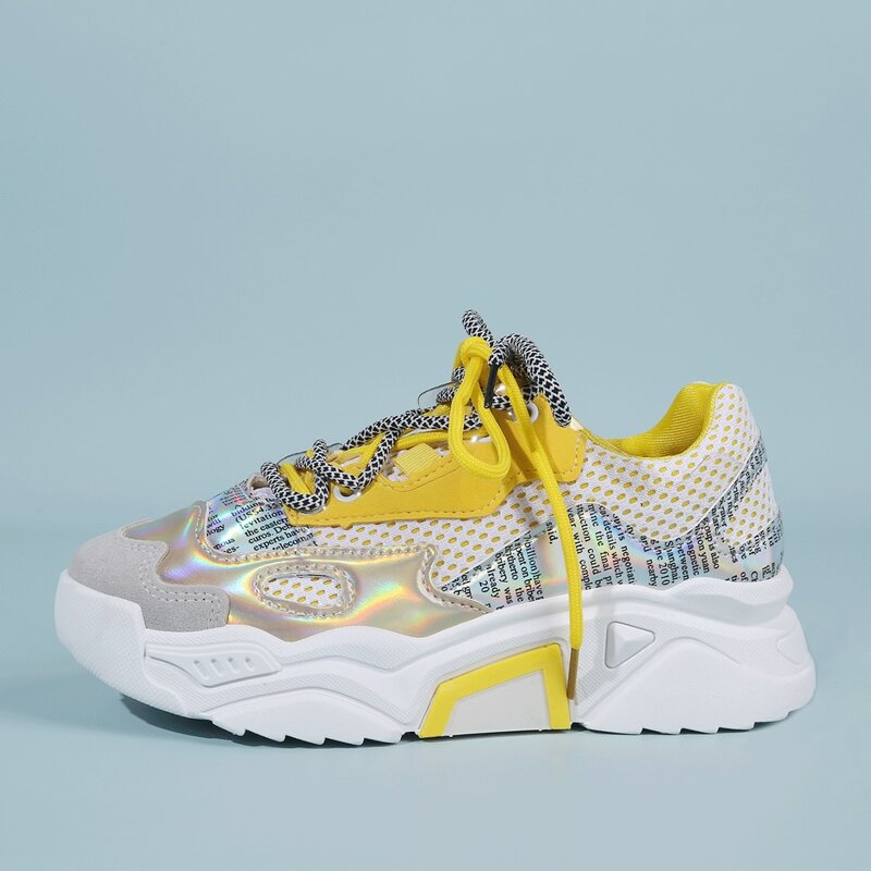 

Holographic Lace-up Front Chunky Sneakers, Yellow