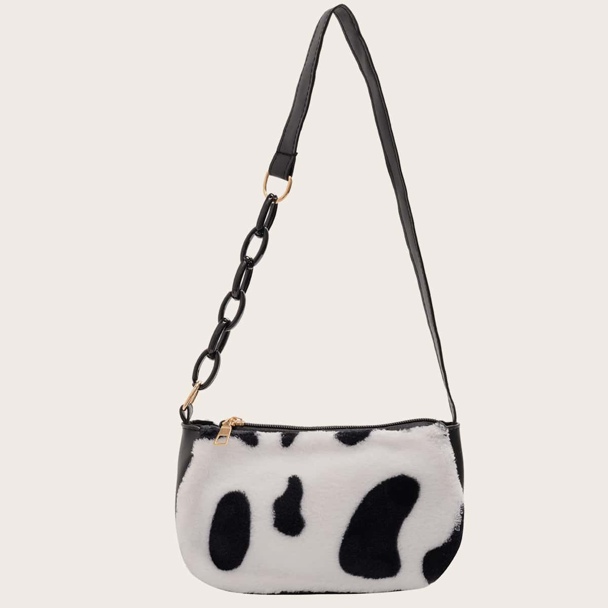 

Fluffy Cow Pattern Baguette Bag, Black