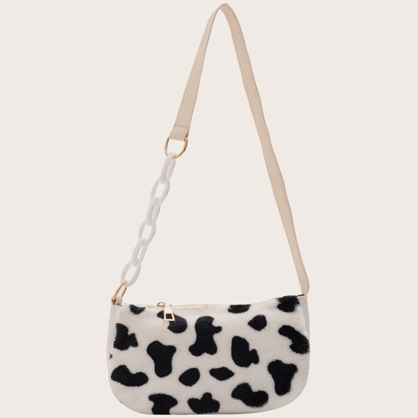 

Fluffy Cow Pattern Baguette Bag, White