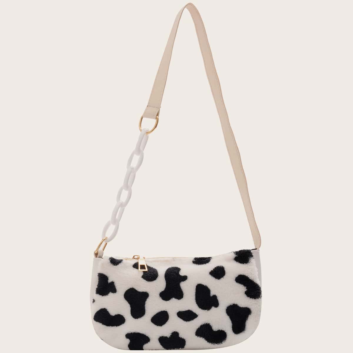 

Fluffy Cow Pattern Baguette Bag, White