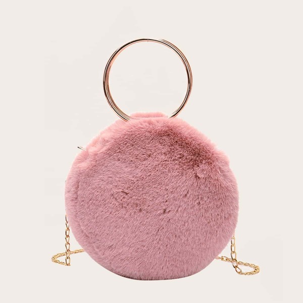 

Fluffy Ring Handle Chain Satchel Bag, Pink