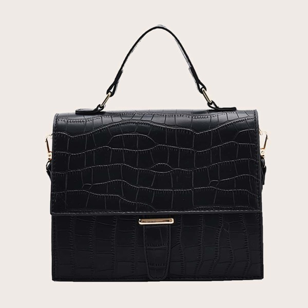 

Croc Embossed Flap Satchel Bag, Black