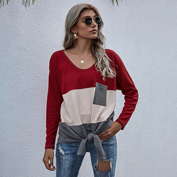 

Pocket Front Knot Hem Colorblock Tee, Multicolor