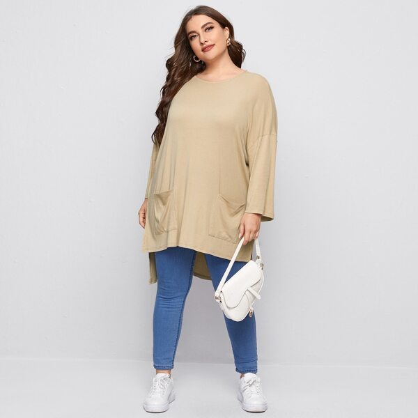 

Plus Drop Shoulder Patch Pocket High Low Slit Hem Tee, Khaki