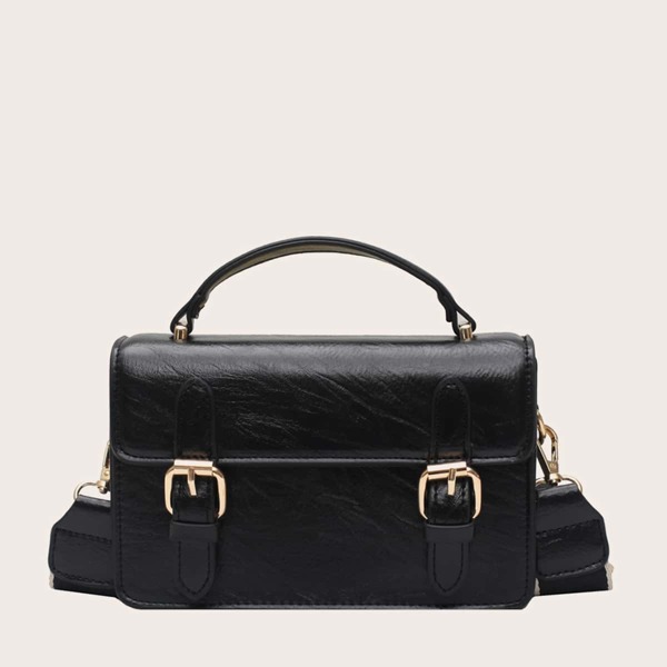 

Double Buckle Decor Flap Satchel Bag, Black