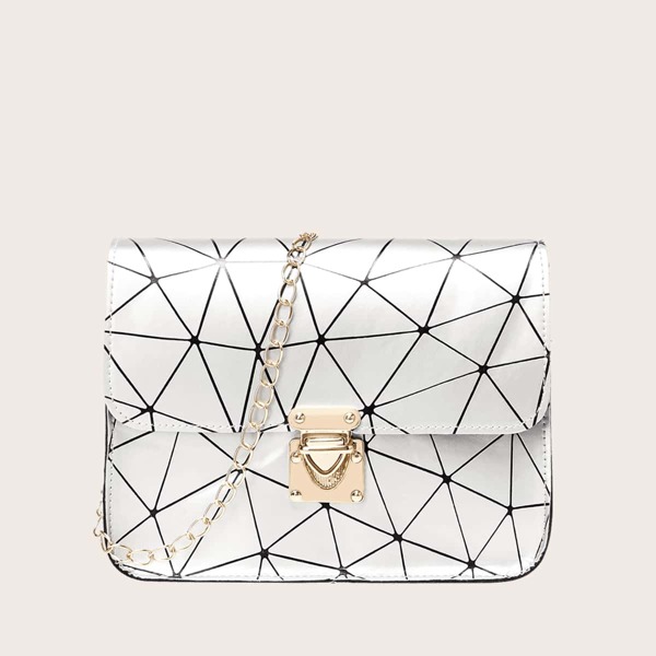 

Girls Geometric Print Push Lock Chain Bag, Black and white