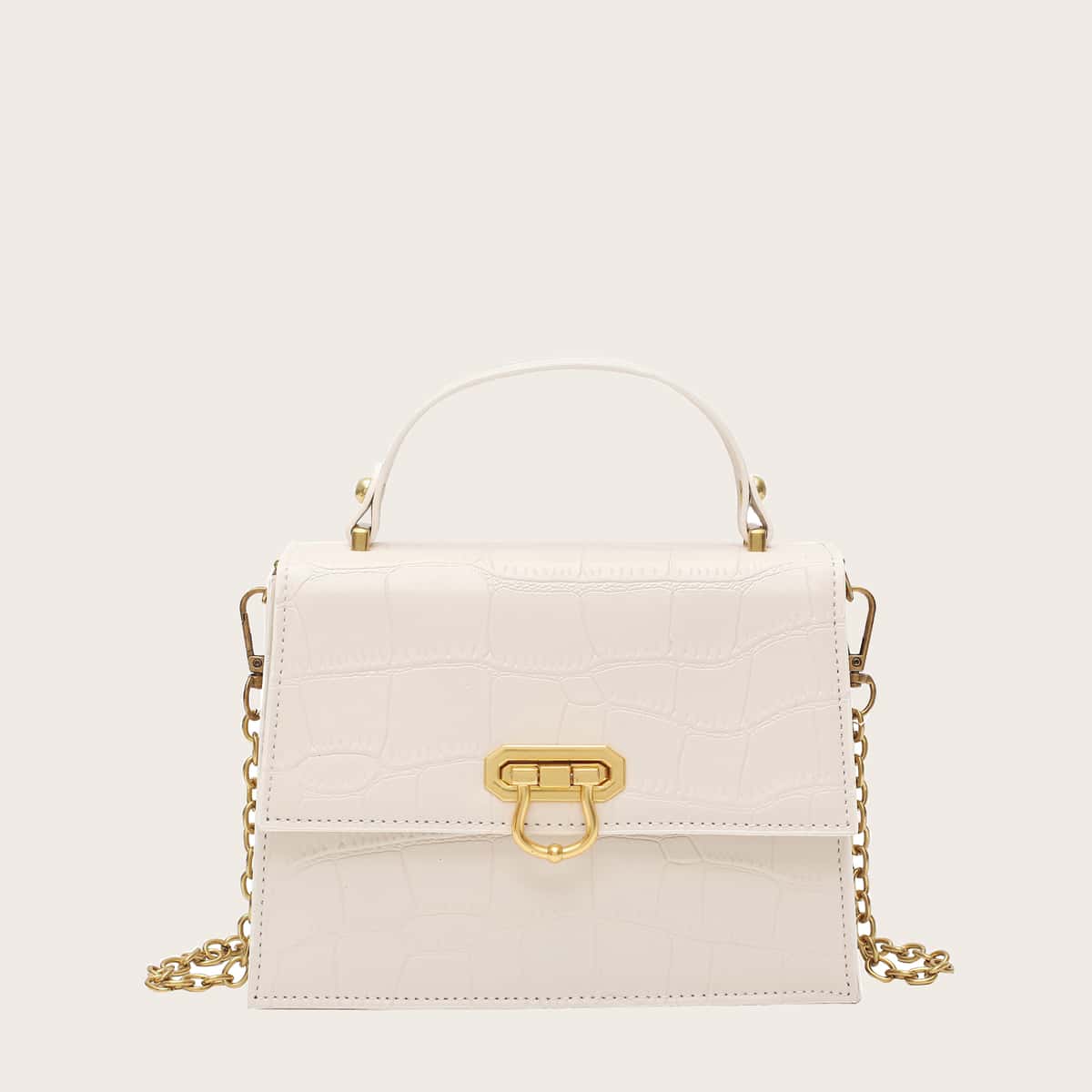 

Croc Embossed Flap Satchel Bag, Beige