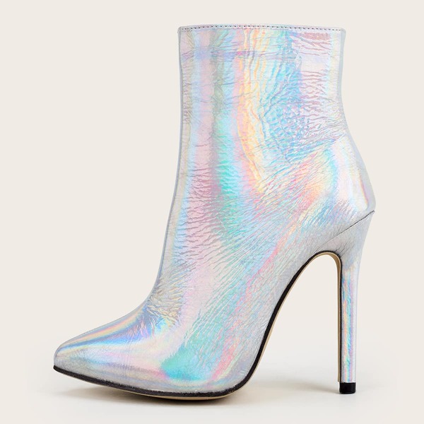 

Holographic Side Zip Stiletto Heeled Boots, Silver