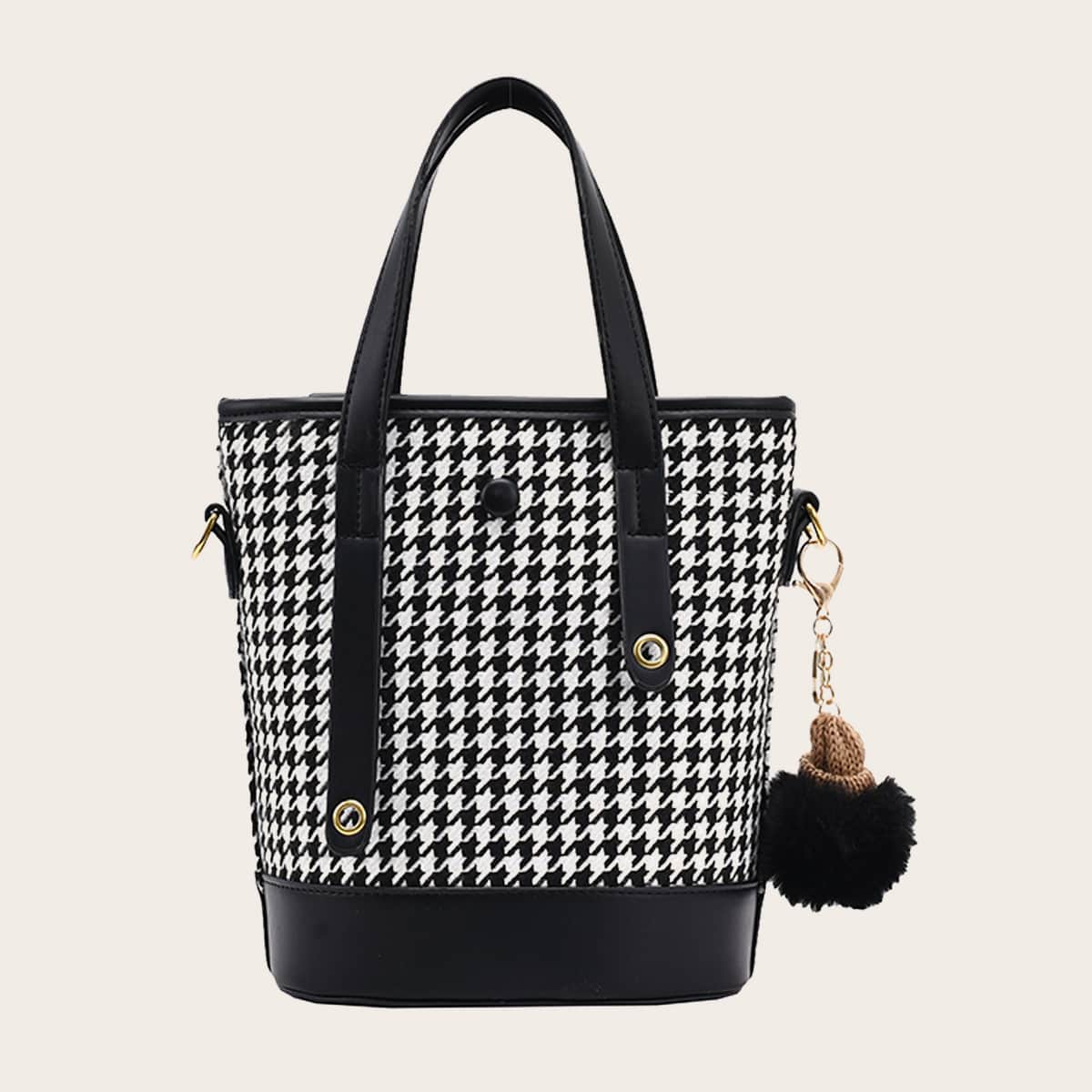 

Pom Pom Decor Houndstooth Pattern Bucket Bag, Black and white