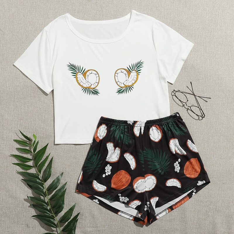 

Tropical Print Short Sleeve Pajama Set, Multicolor