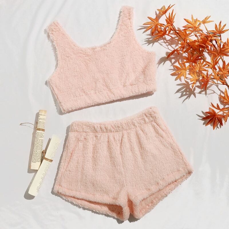 

Fluffy Knit Flannel Tank Top With Shorts Lounge Set, Baby pink