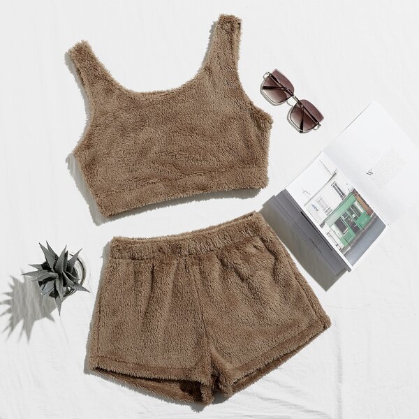 

Fluffy Knit Flannel Tank Top With Shorts Lounge Set, Mocha brown