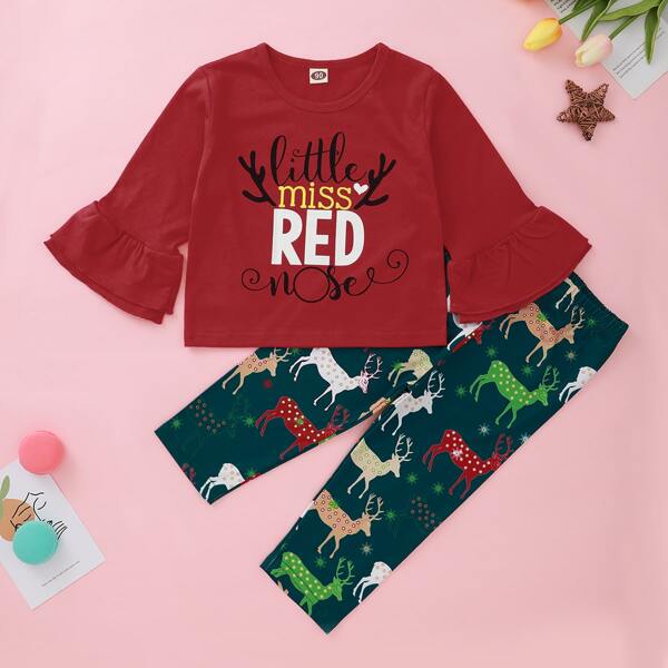 

Toddler Girls Flounce Sleeve Letter Graphic Tee & Pants, Multicolor