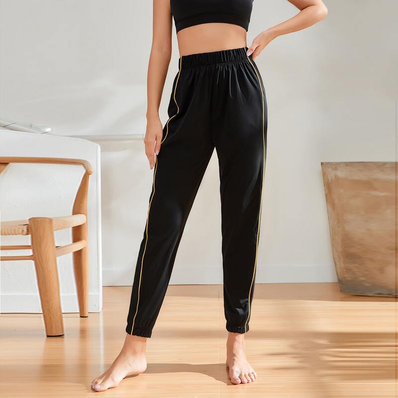 

Contrast Piping Elastic Waist Sports Pants, Black