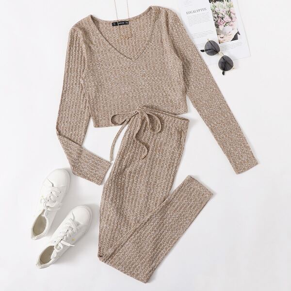 

Plus V-neck Marled Crop Top & Knot Waist Leggings Set, Khaki