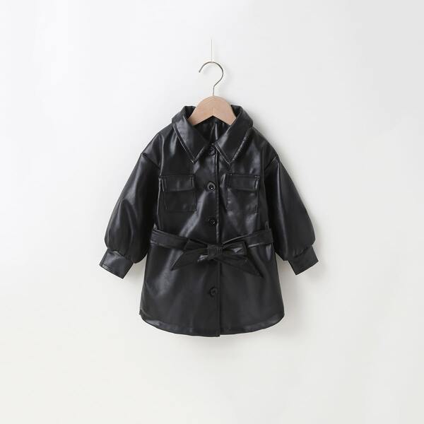 

Toddler Girls Single Breasted Belted PU Coat, Black