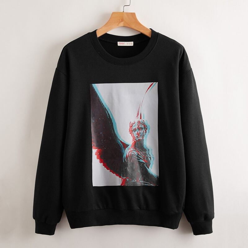 

Statue Print Drop Shoulder Pullover, Black
