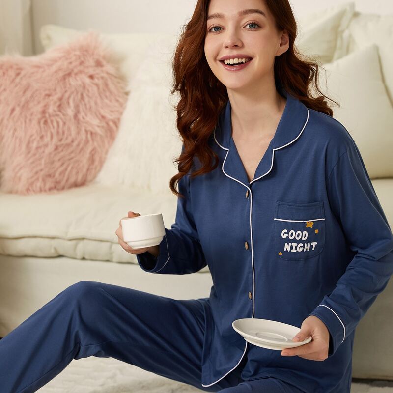

Slogan Graphic Contrast Binding Pajama Set, Navy blue