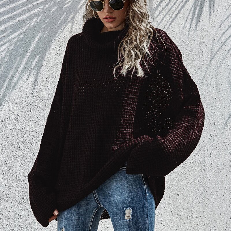 

Turtleneck Drop Shoulder Waffle Knit Sweater, Maroon
